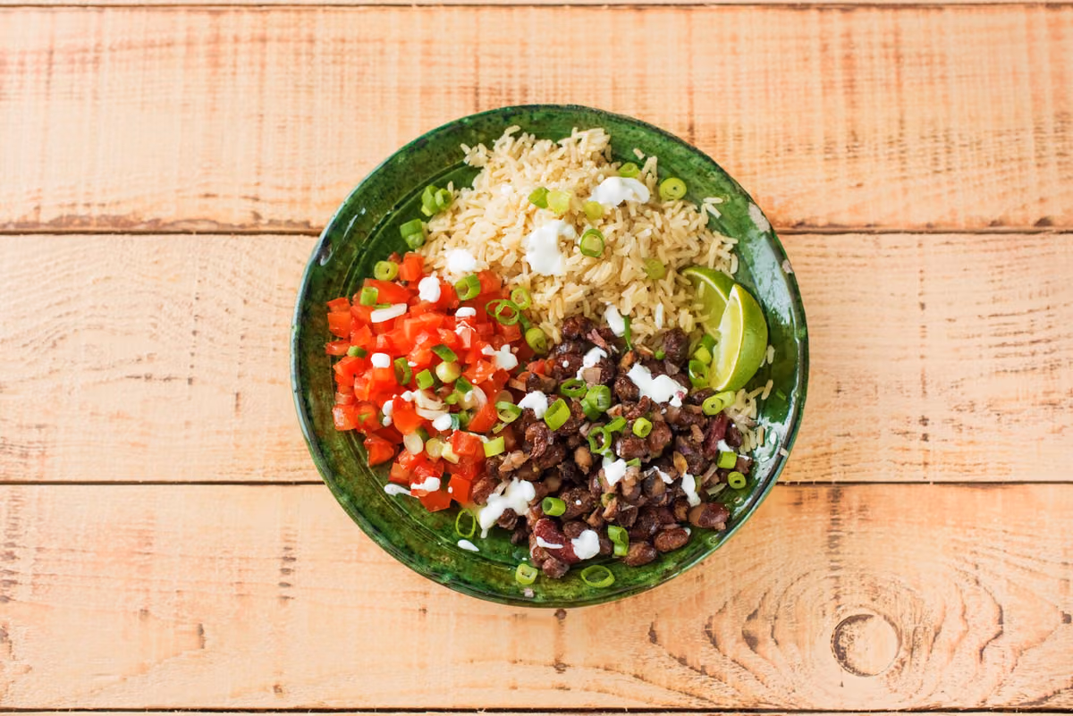 Vegetarian Burrito Bowl: Salsa, Crispy Black Beans, and Monterey Jack