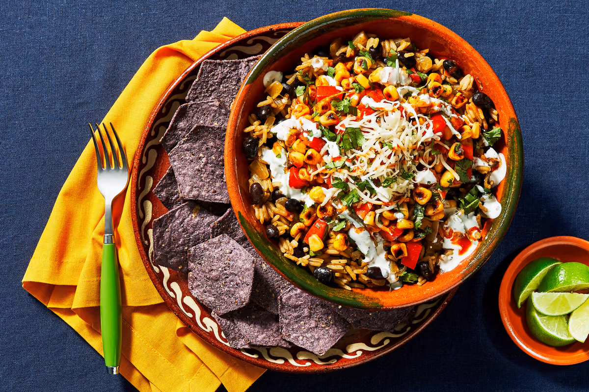 Veggie Burrito Bowls: Blue Corn Tortilla Chips & Tomato Salsa