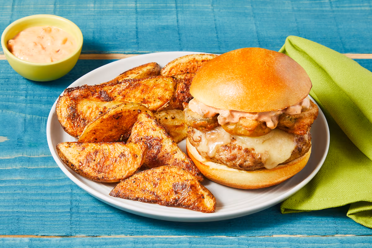Cheesy Pork & Fried Pickle Burgers