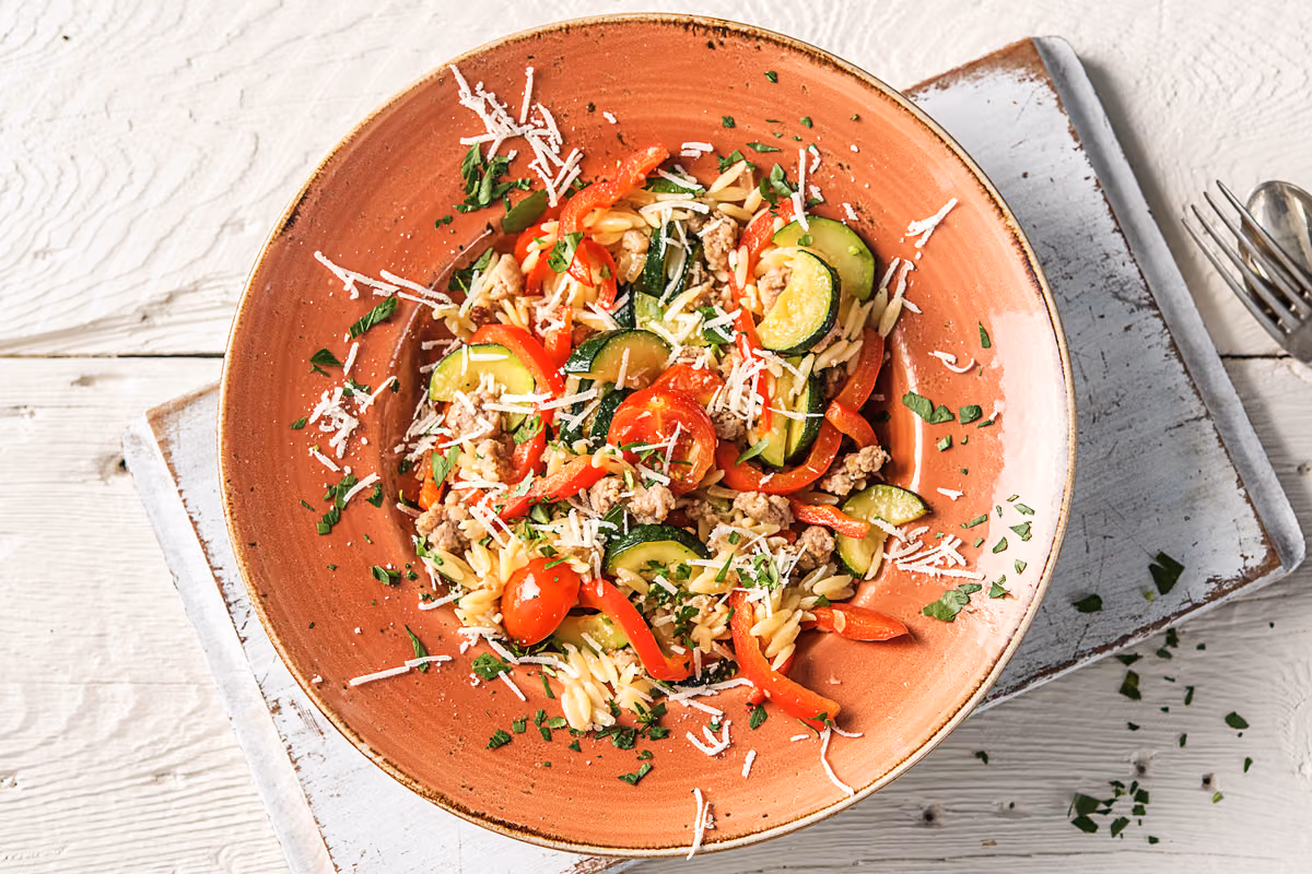 Veggie-Loaded Orzo and Sausage