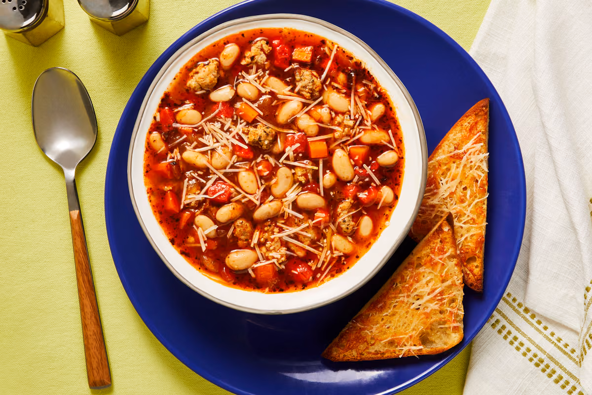 Chicken Sausage & White Bean Soup with Cheesy Garlic Ciabatta Toasts