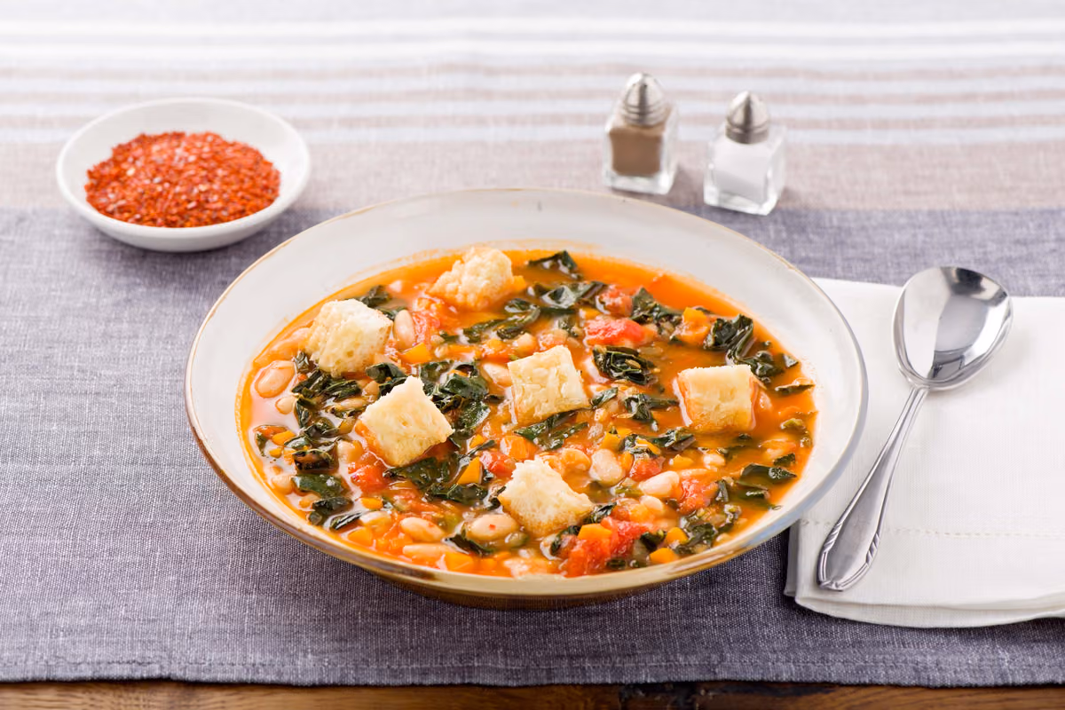 Tuscan Ribollita with Kale and Parmesan Croutons