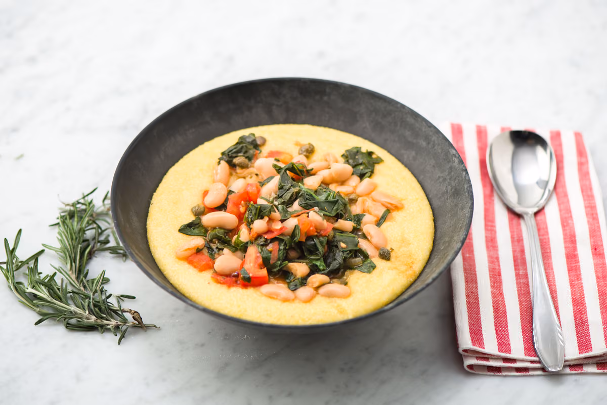 Tuscan White Bean & Rosemary Stew with Cheesy Polenta and Spinach