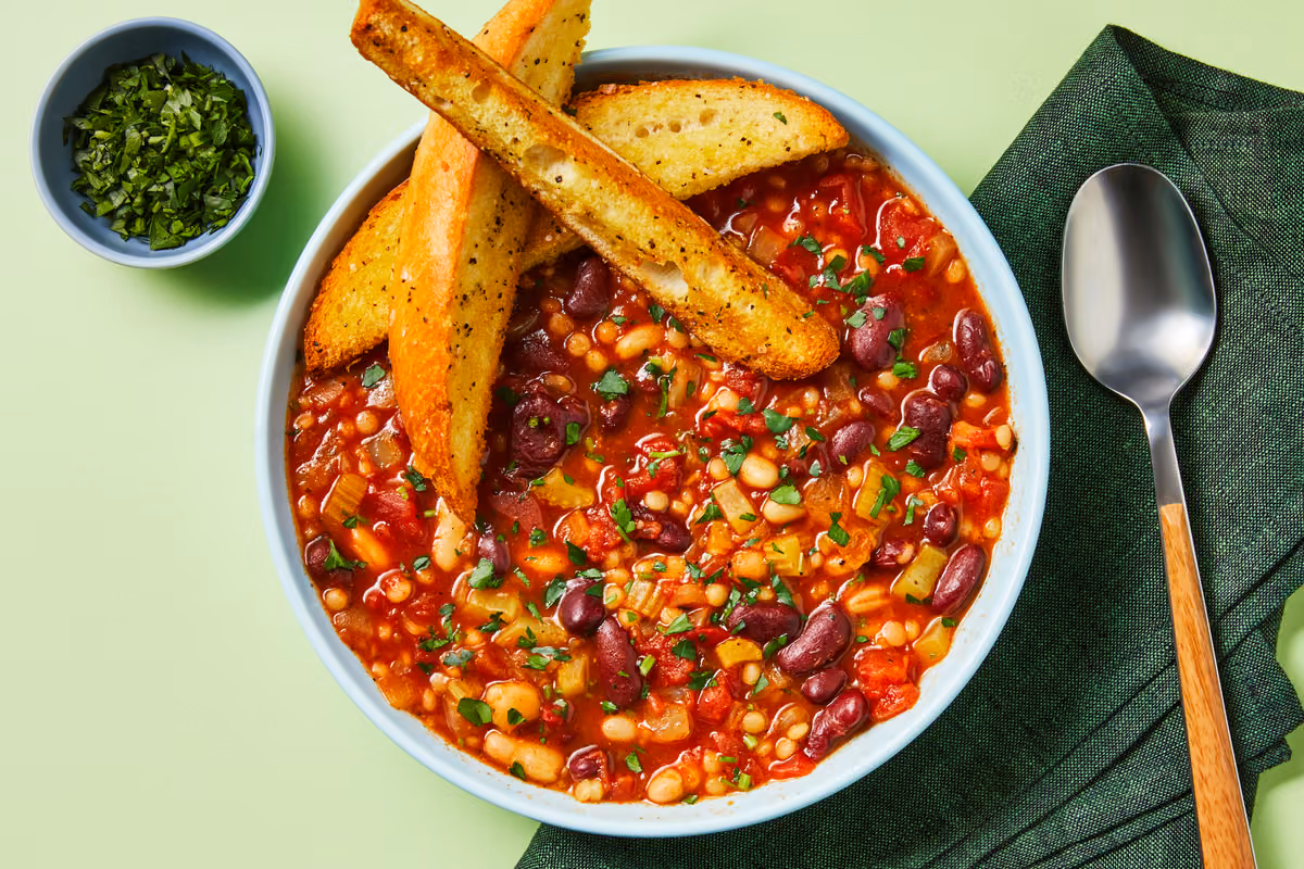 Vegan Pearl Pasta & Bean Soup: Garlicky Breadsticks & Parsley