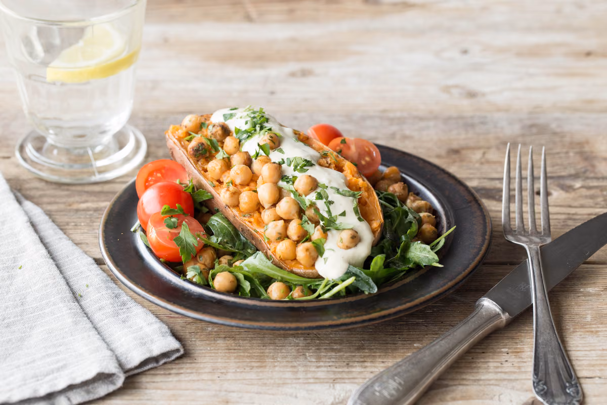 Roasted Sweet Potatoes with Crispy Spiced Chickpeas