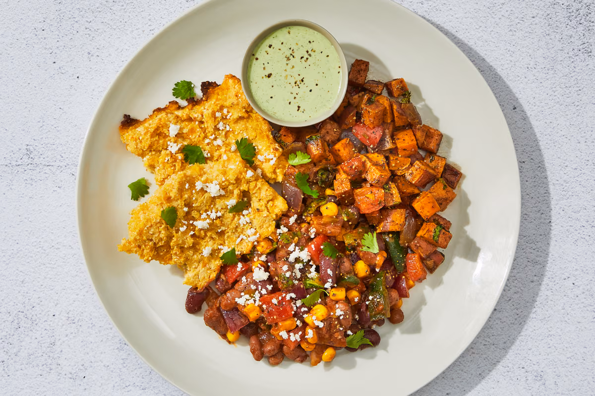 Vegetarian Tamale Bowl: Spiced Sweet Potatoes & Jalapeño Crema