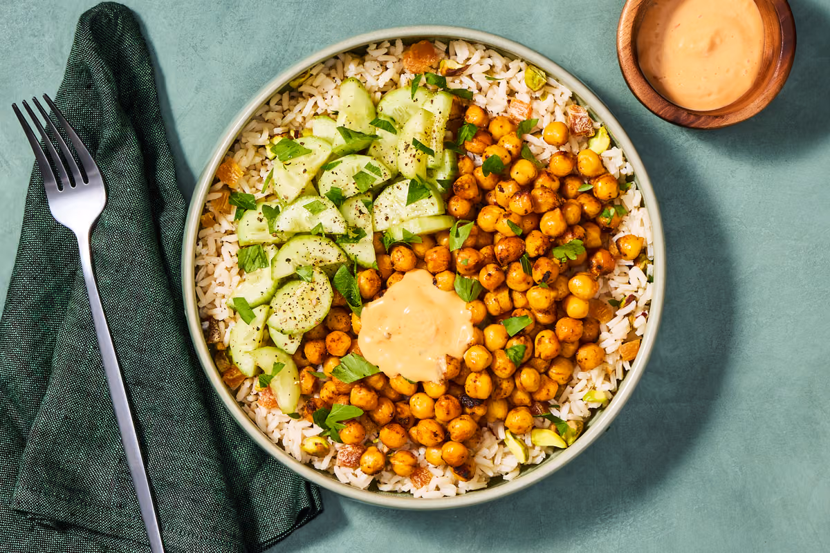 Crispy Spiced Chickpeas & Pistachio Rice