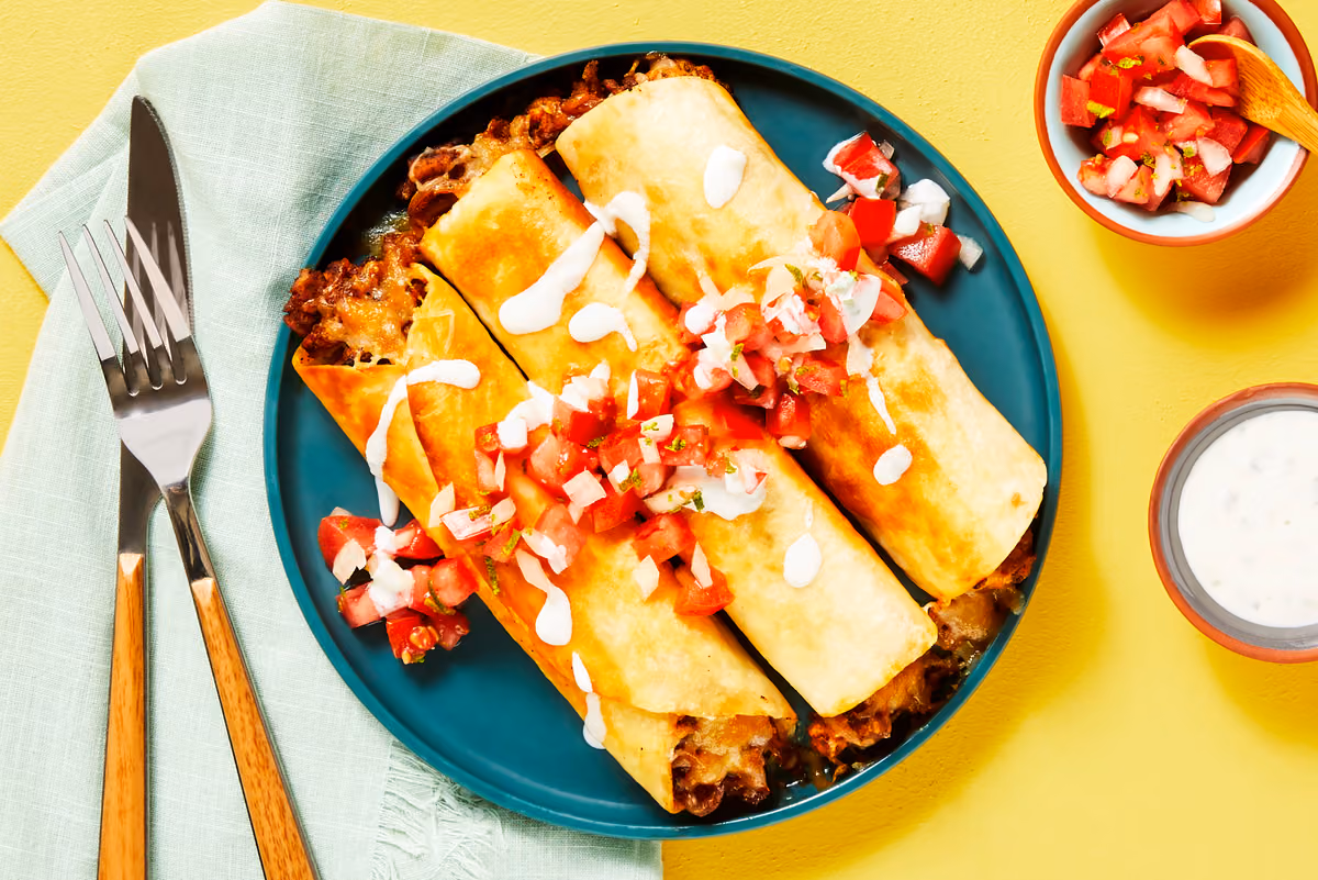 Beef Flautas Supreme: Pico de Gallo & Lime Crema