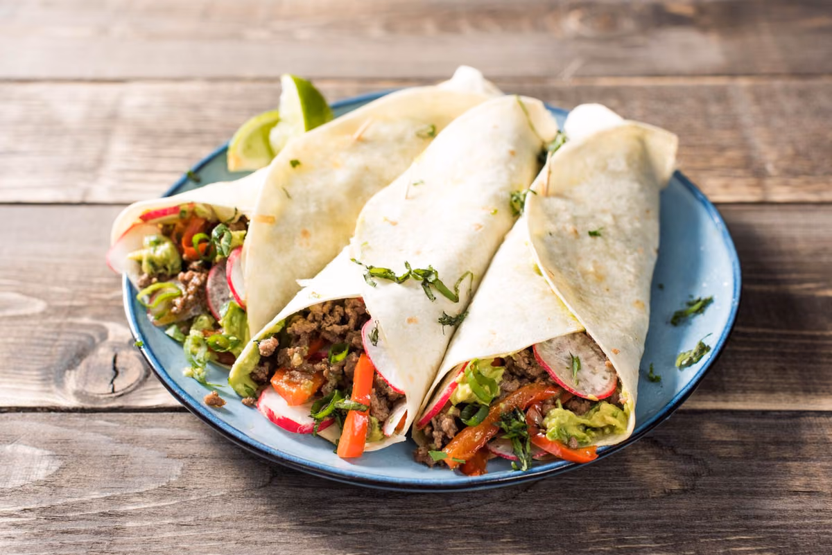 Smoky Beef Tacos: Peppers, Guacamole, and Radish