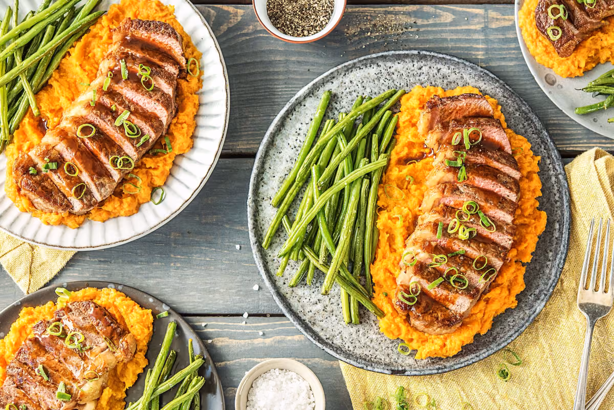 Italian Herbed Steak with Sweet Potato Mash and Green Beans