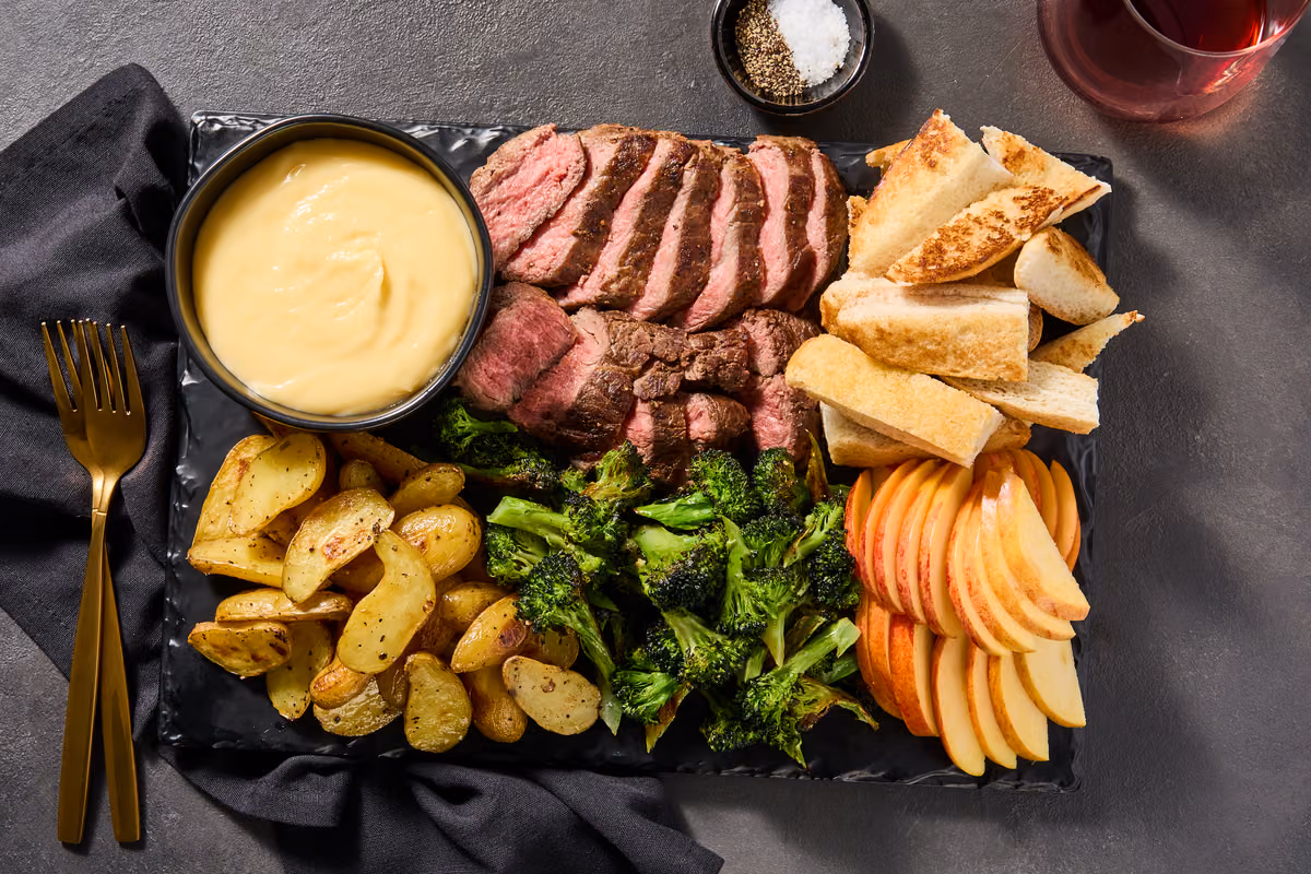 Bavette Steak & Cheddar-Gouda Fondue