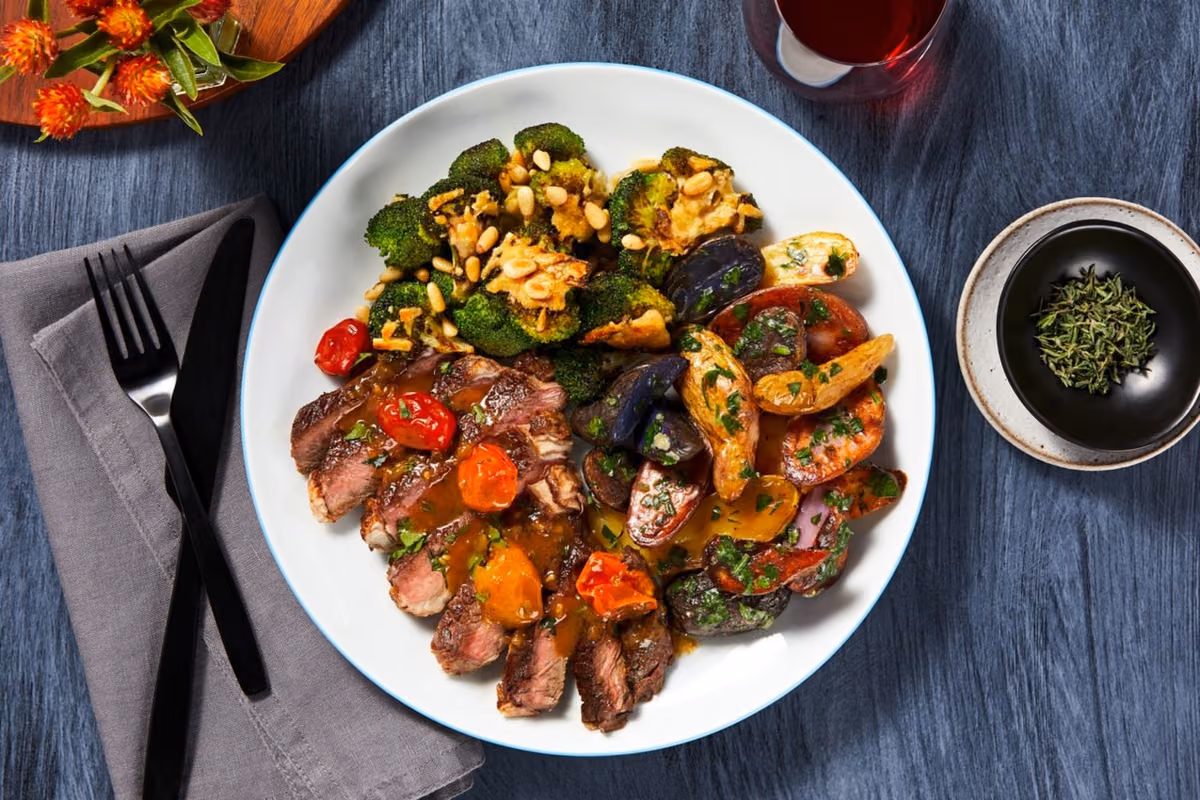 Juicy Tomato Sirloin Steak: Roasted Broccoli and Fingerling Potatoes