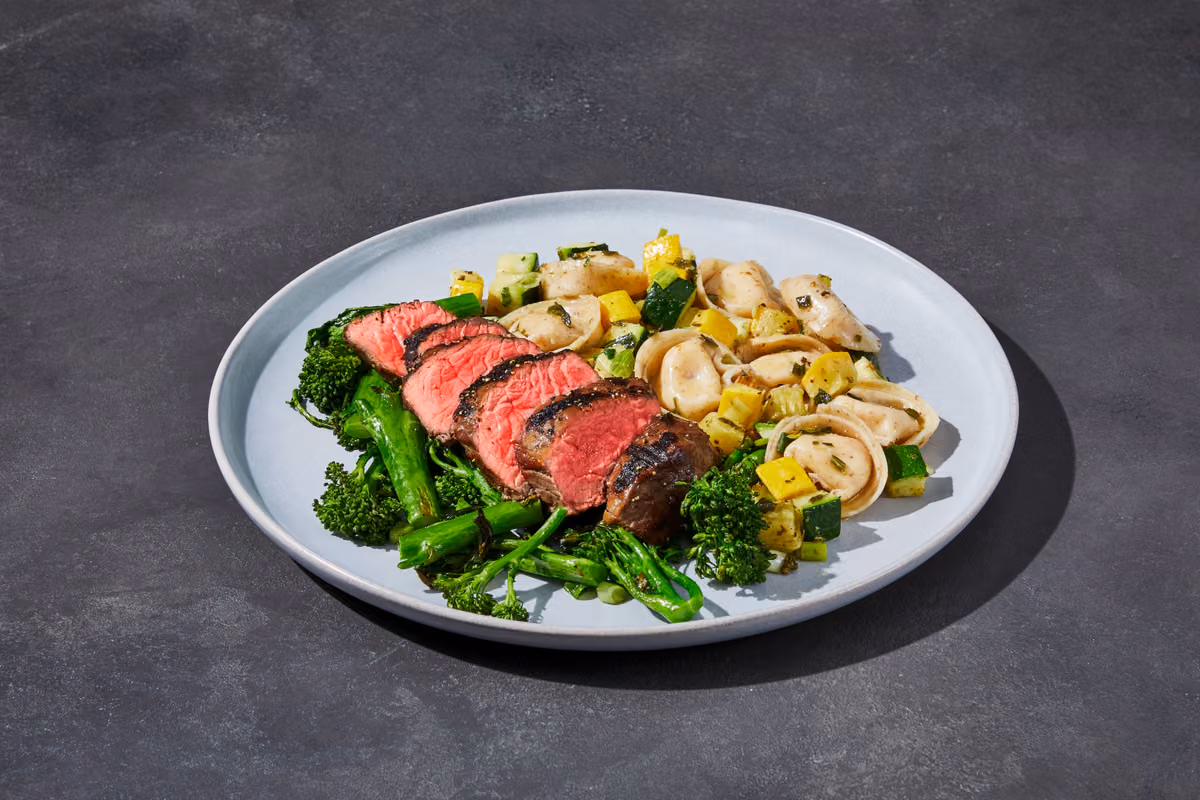 Smoky Garlic Filet Mignon & Broccolini: Cheese Tortellini & Garlic-Basil Zucchini