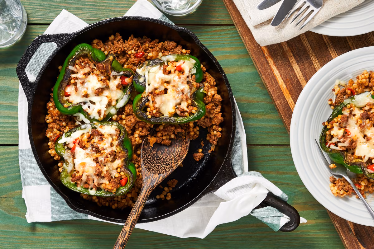 Tuscan Beef-Stuffed Peppers: Pearled Couscous and Melted Mozz