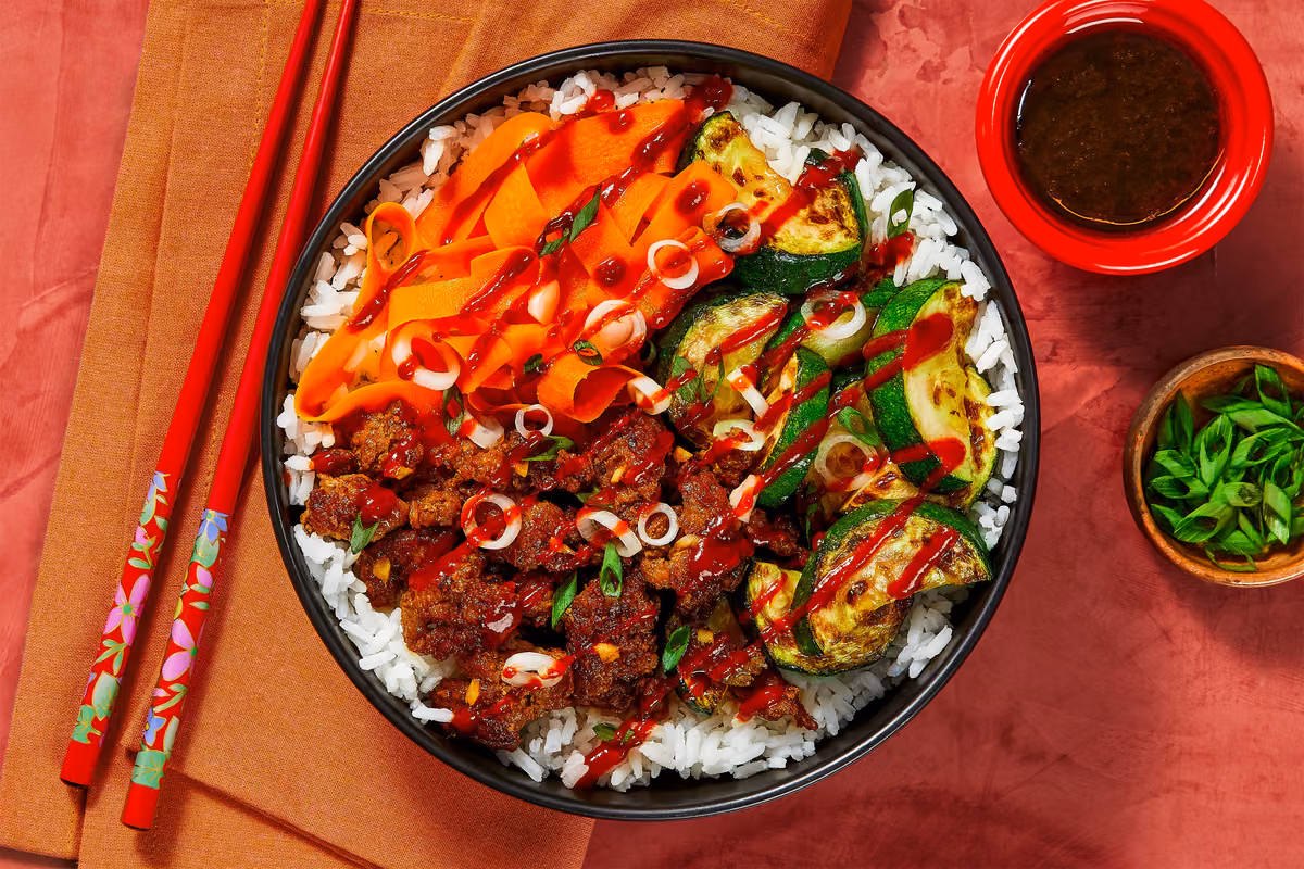 Beef & Zucchini Bibimbap: Carrots & Jasmine Rice