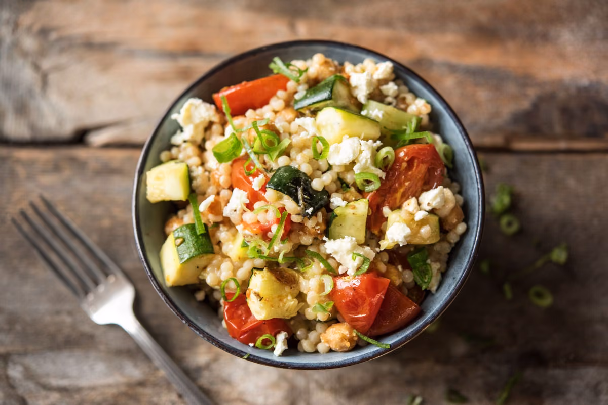 Crispy Chickpea Bowl: Israeli Couscous and Roasted Herbed Veggies