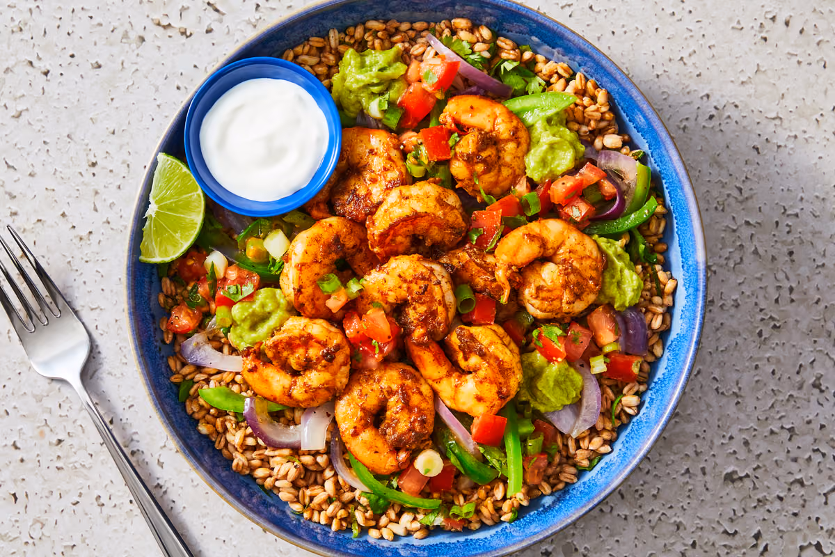 Fajita-Spiced Shrimp & Farro Bowls