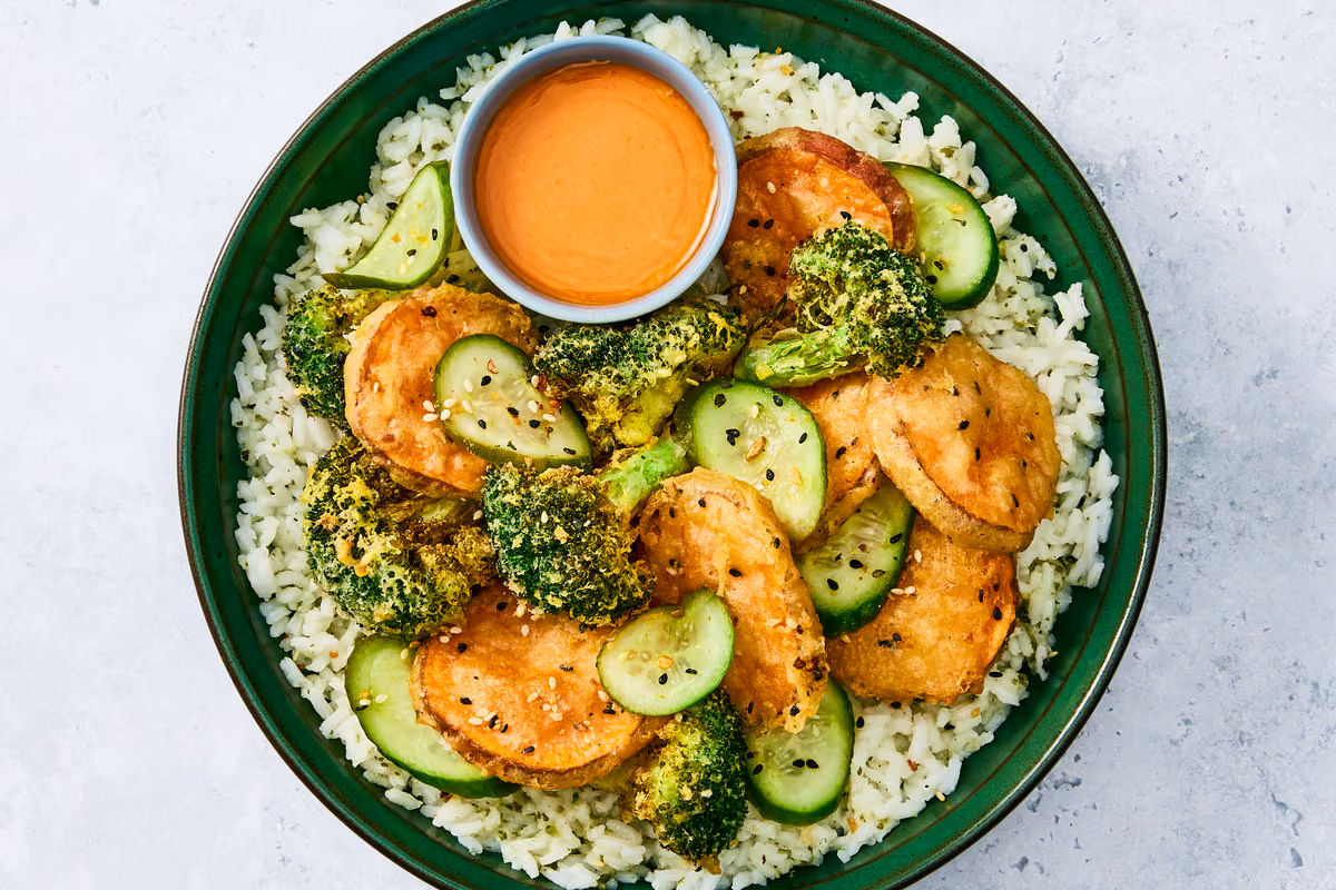 Sweet Potato & Salmon Tempura Bowls