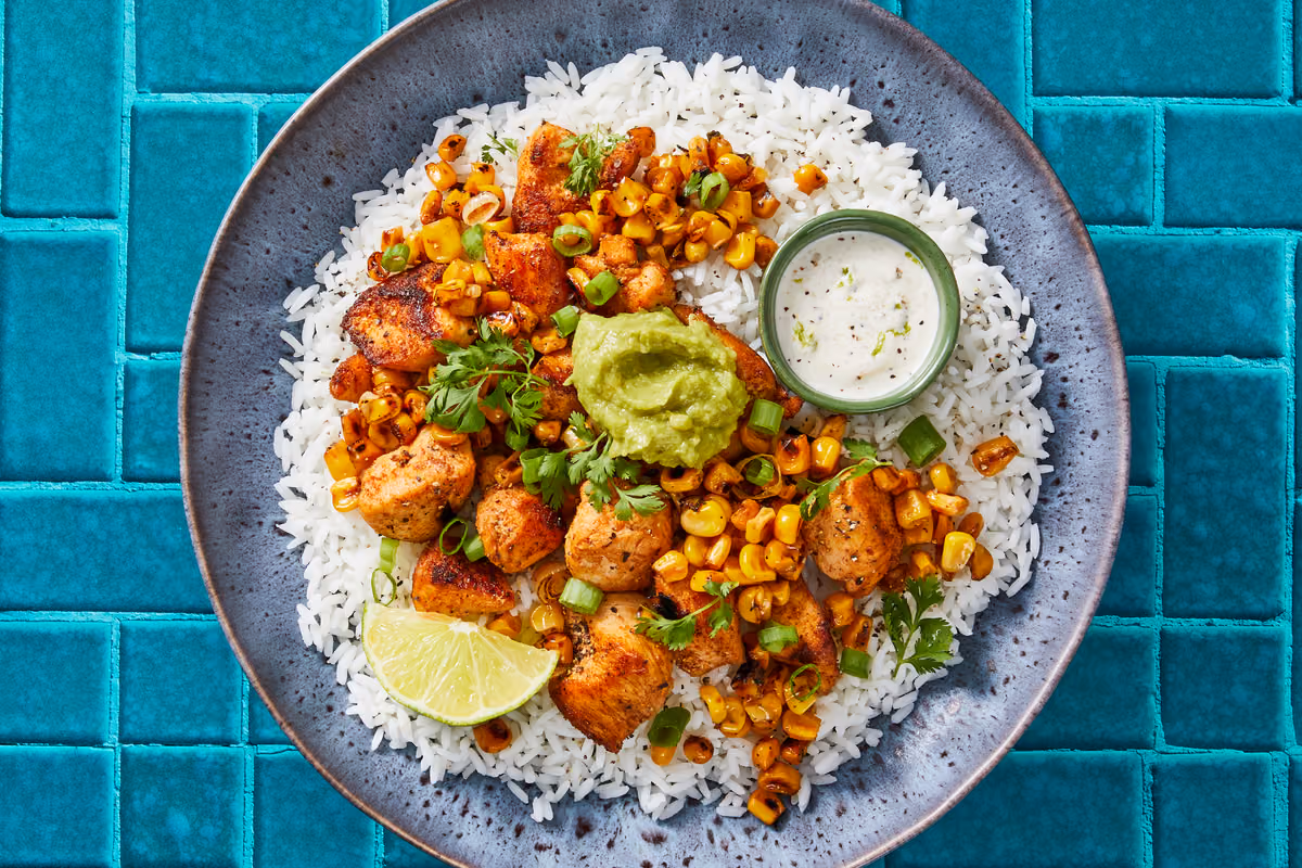 Zesty Chicken, Charred Corn & Rice Bowls