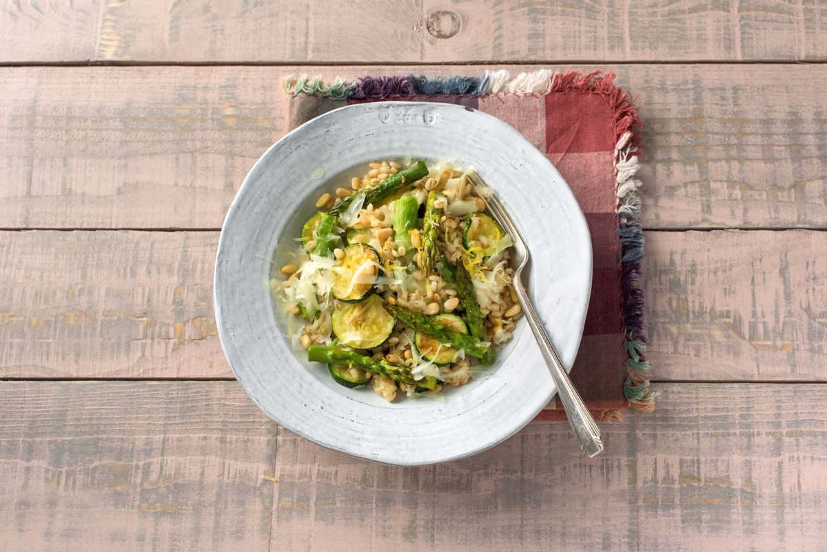 Zucchini and Asparagus Farro Bowl