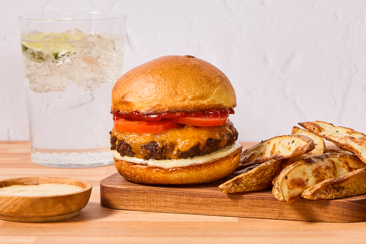 Sweet Bourbon Cheddar Burgers: Potato Wedges & Garlic Aioli