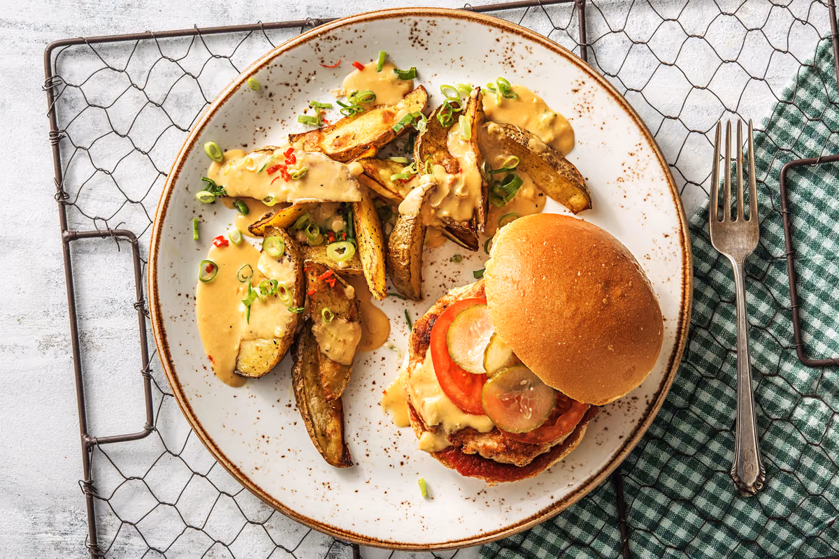Barbecue Turkey Burgers: Cheddar Sauce and Potato Wedges