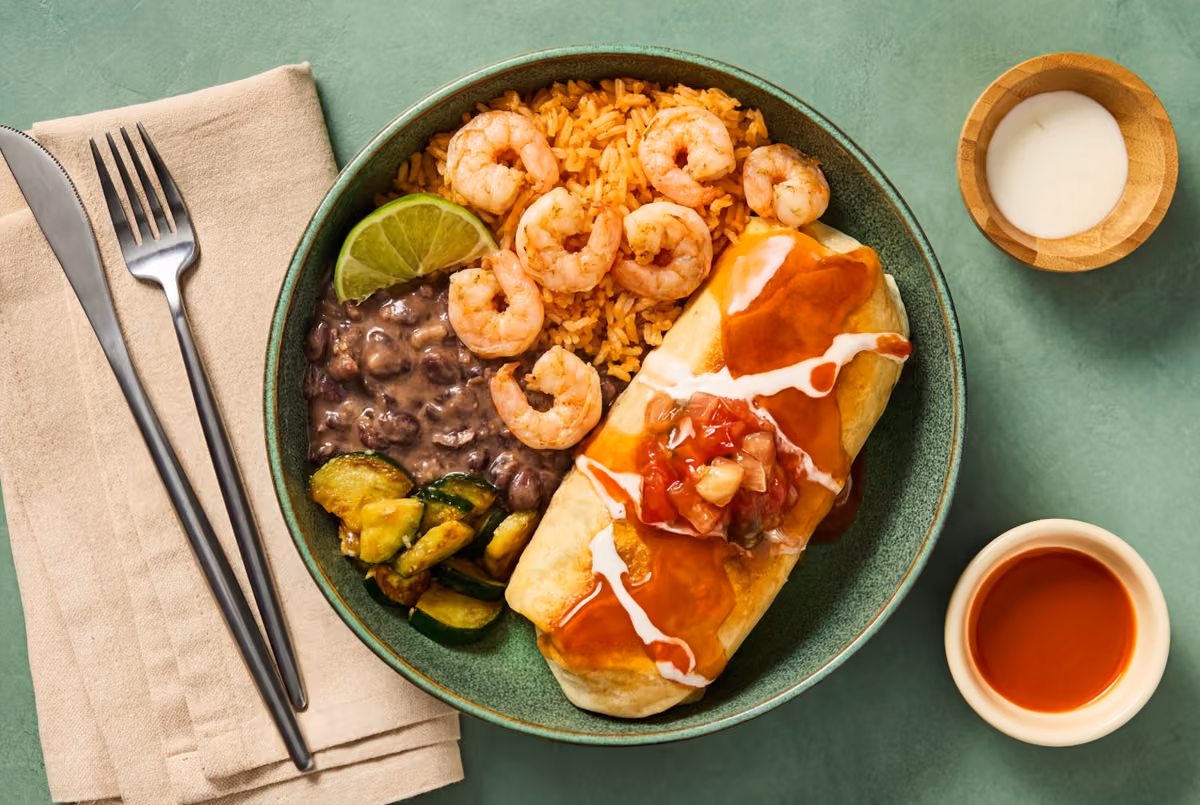 Smothered Shrimp, Rice & Bean Burritos