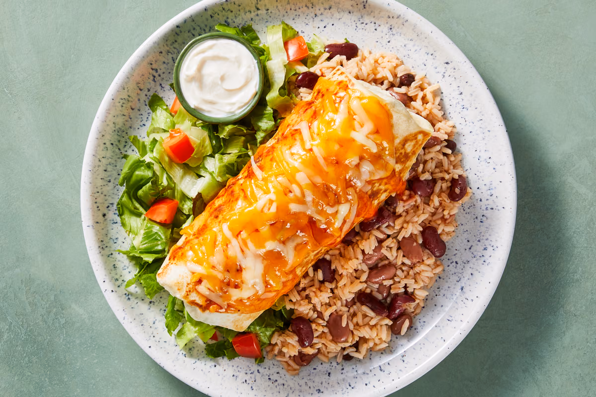 Smothered Three-Bean & Chicken Burritos
