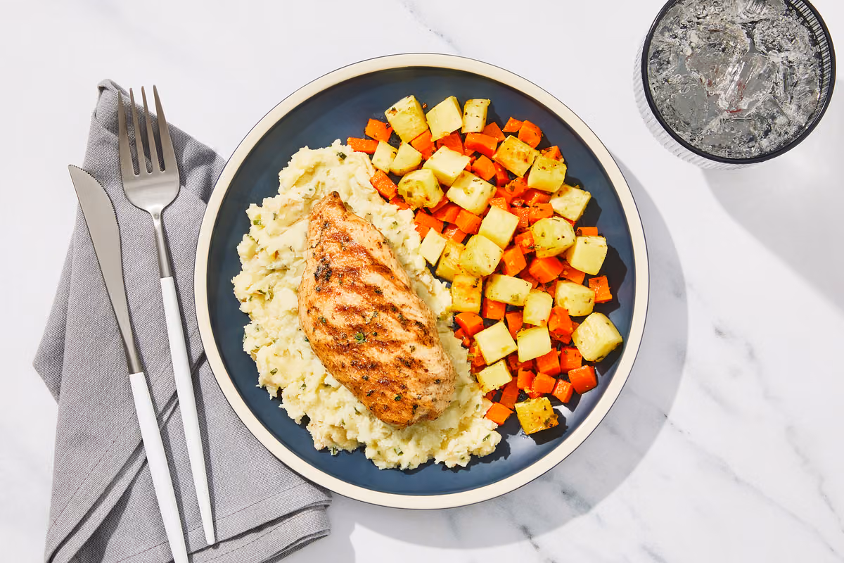 Homestyle Roasted Chicken Breast: Mashed Potatoes & Root Vegetables