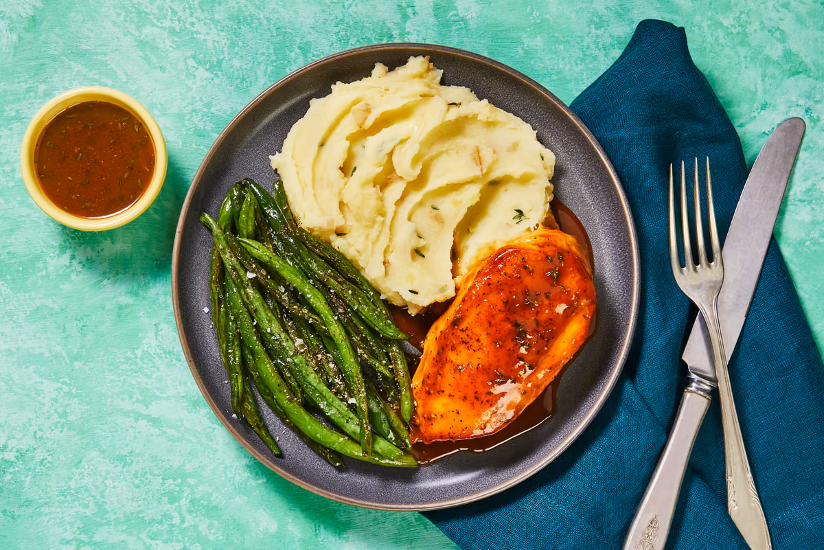 Chicken Cutlets a l’Orange: Thyme-Scented Mashed Potatoes & Roasted Green Beans