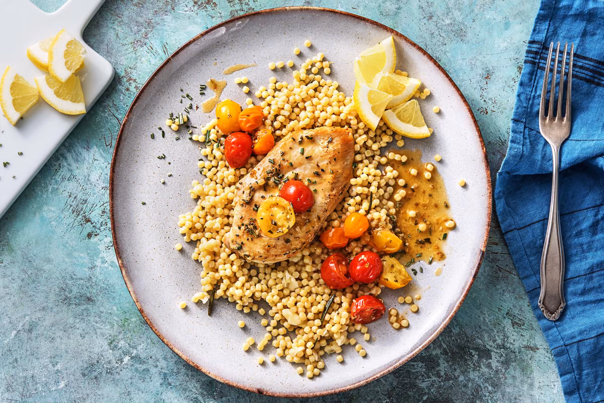 Lemon Rosemary Chicken Cutlets: Parmesan Couscous and Heirloom Grape Tomatoes
