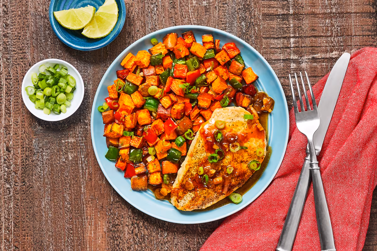 Sweet Soy Chicken Cutlets with a Roasted Sweet Potato & Pepper Jumble