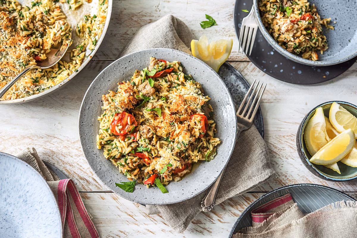 One-Pan Orzo Italiano: Chicken Sausage, Tomatoes, and Spinach