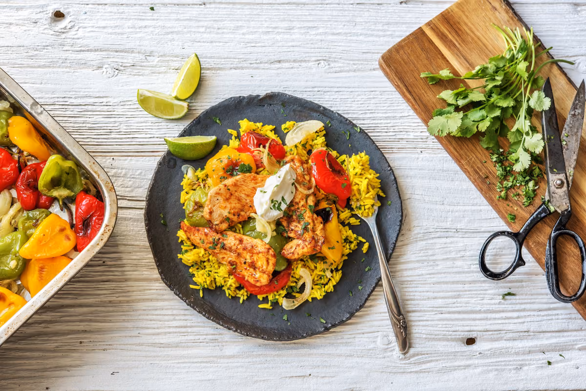 Fajita Chicken Tenders Over Yellow Rice