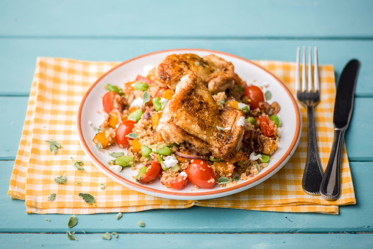Guest Chef Recipe: Ras el Hanout-Spiced Chicken Thighs with Freekeh Salad, Butternut, and Lemony Yogurt Sauce