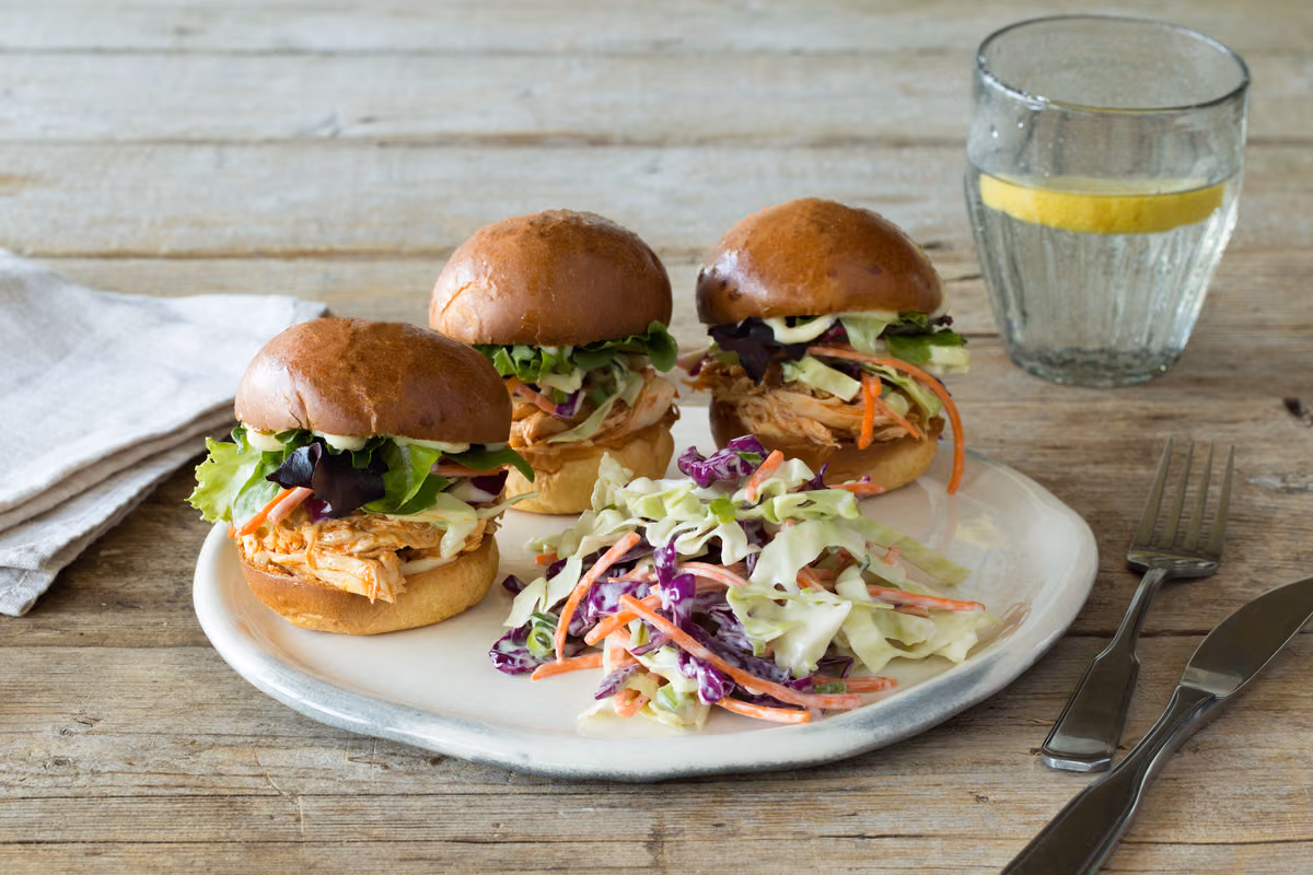 Eastern Carolina Pulled Chicken Sliders on Brioche