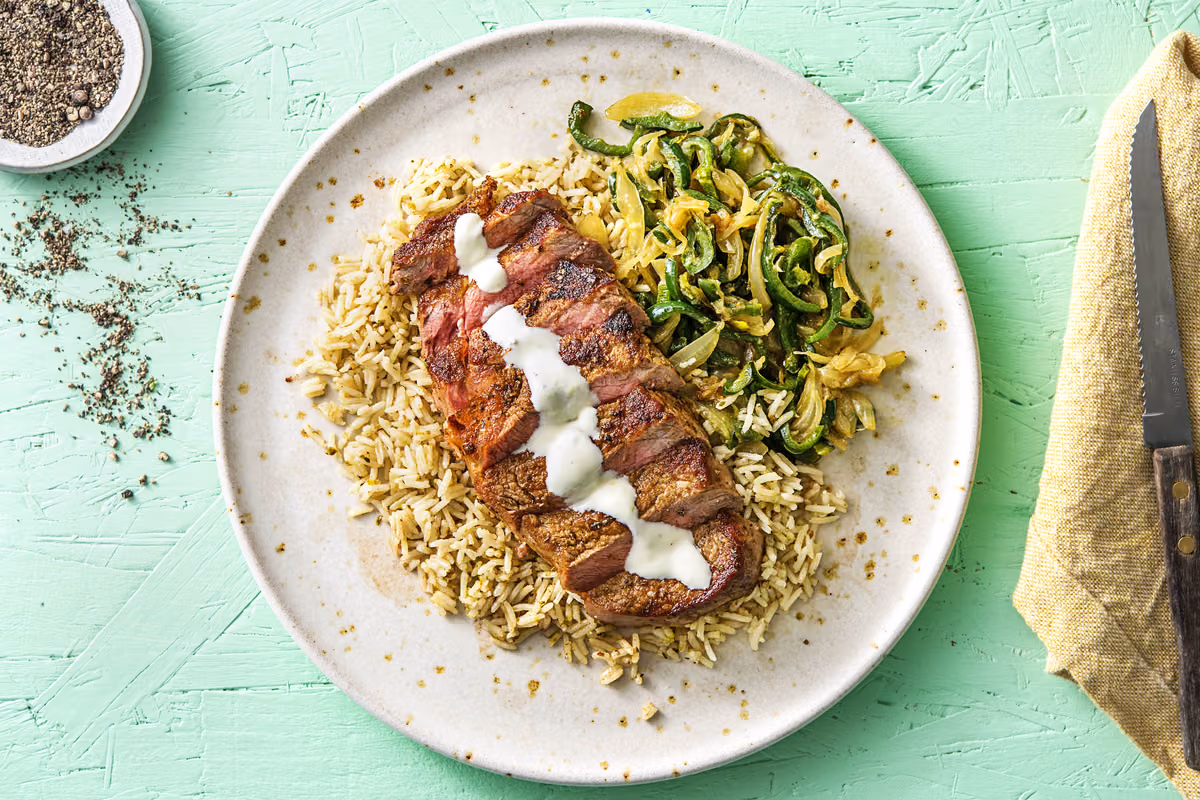 Cuban-Spiced Steak: Poblano Peppers, Rice, and Garlic Lime Crema