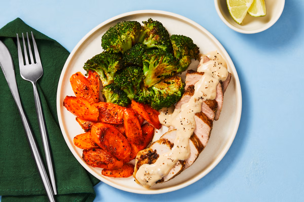 Cuban Chicken with Creamy Pan Sauce and Chipotle Lime Broccoli & Carrots
