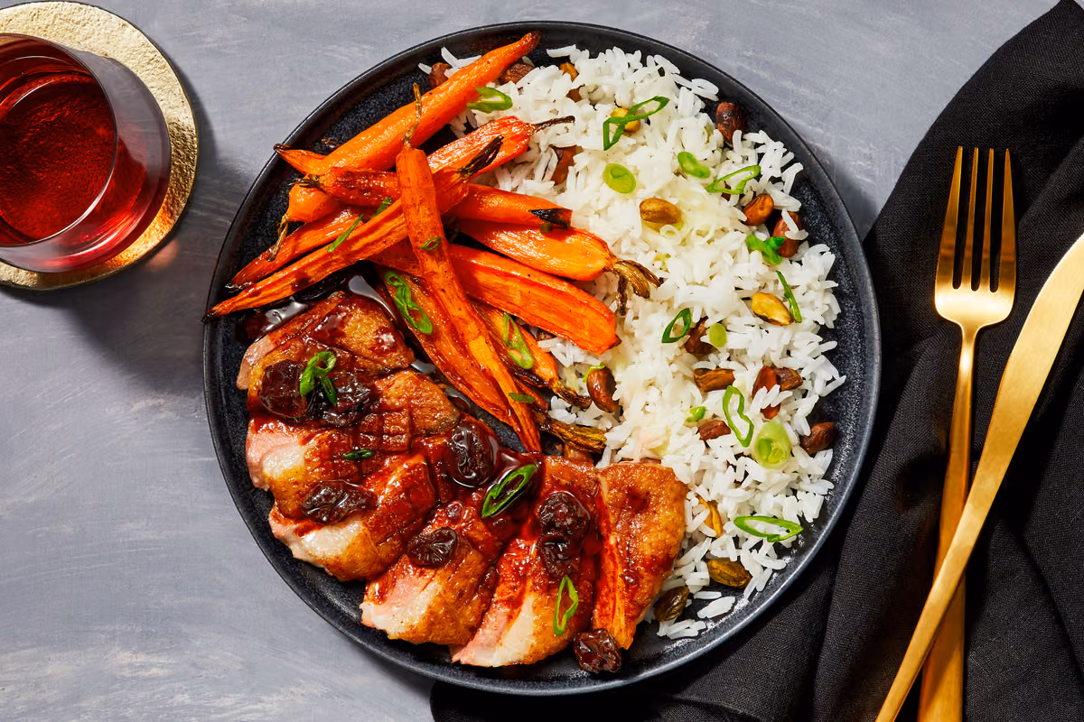 Cherry Ancho Duck Breasts: Pistachio Rice & Roasted Green Beans