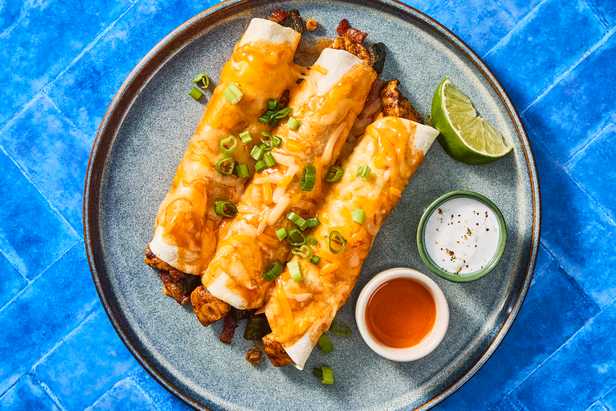 Chicken, Pepper & Bacon Enchiladas: Lime Crema & Scallions