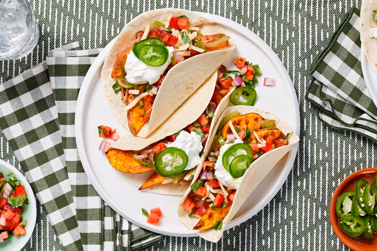 Sweet Potato Fajitas: Pepper Jack Cheese, Pickled Jalapeño, and Lime Crema