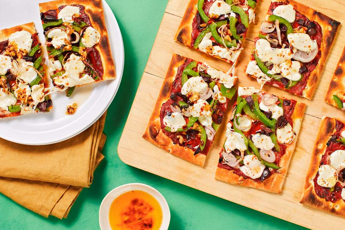 Green Pepper and Black Olive Flatbread: Chili Garlic Butter