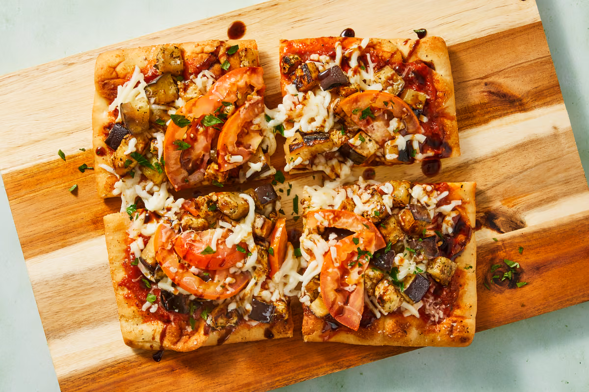 Pork Sausage & Cheesy Eggplant Tomato Flatbreads