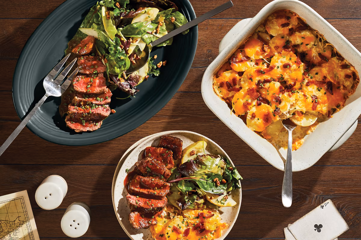 Beef Au Poivre & Cheesy Potato Gratin