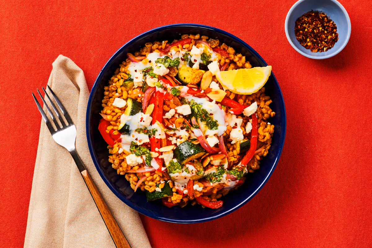 Spicy Harissa Veggie Barley Bowls