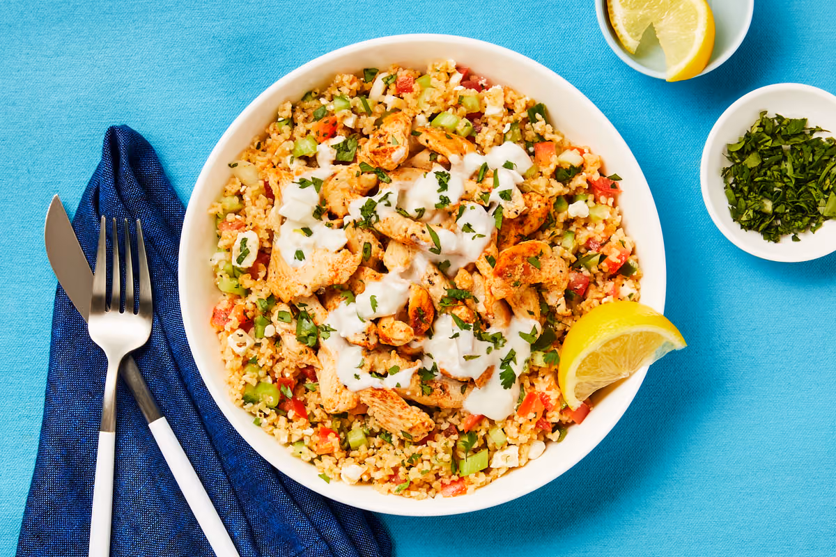 Harissa Chicken Bulgur Bowls: Cilantro & Creamy Feta Sauce