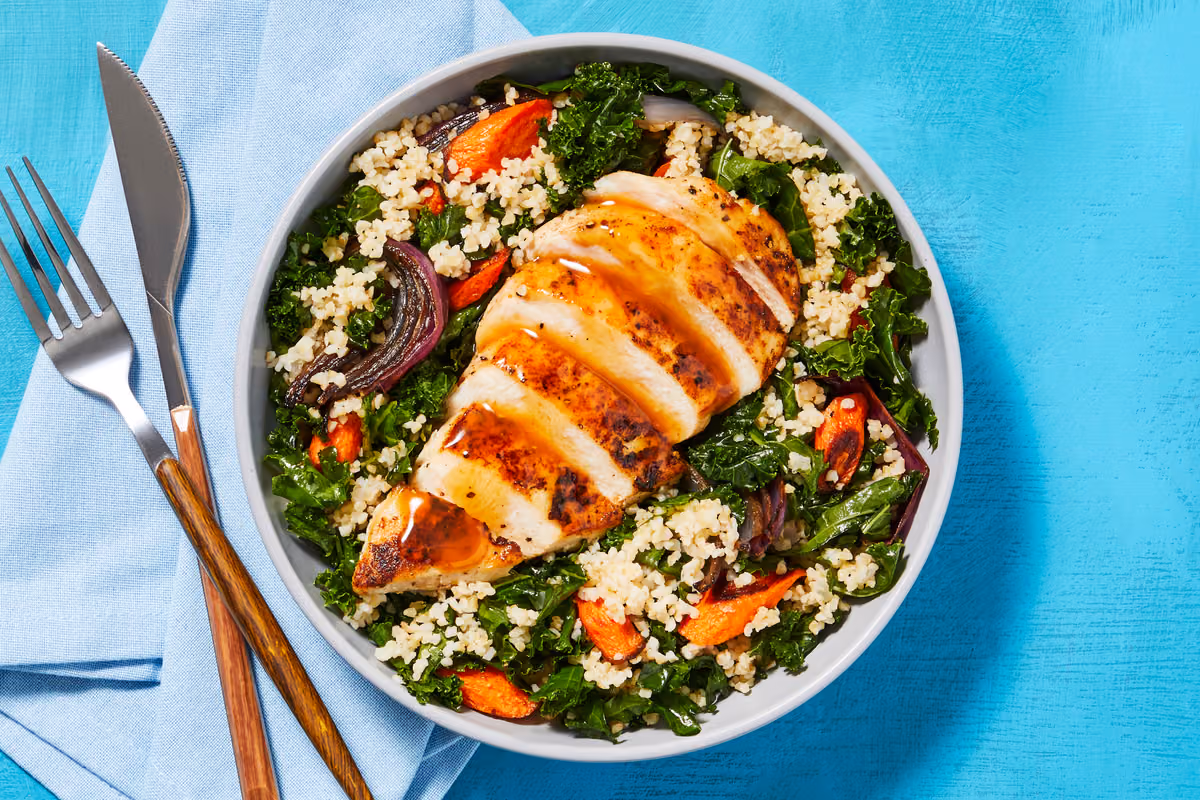 Honey Miso Chicken Bulgur Bowls with Kale & Roasted Carrots