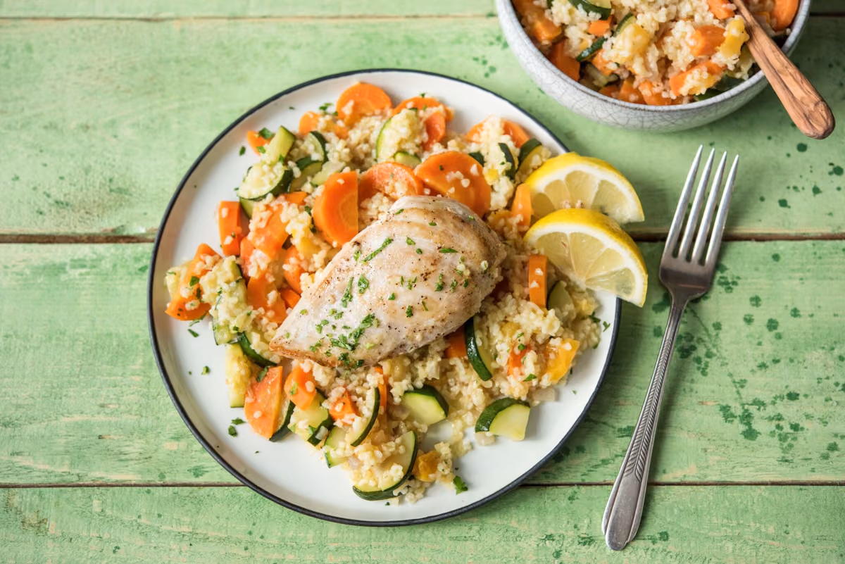 Mediterranean Skillet Chicken: Bulgur Paella, Carrots, and Apricots