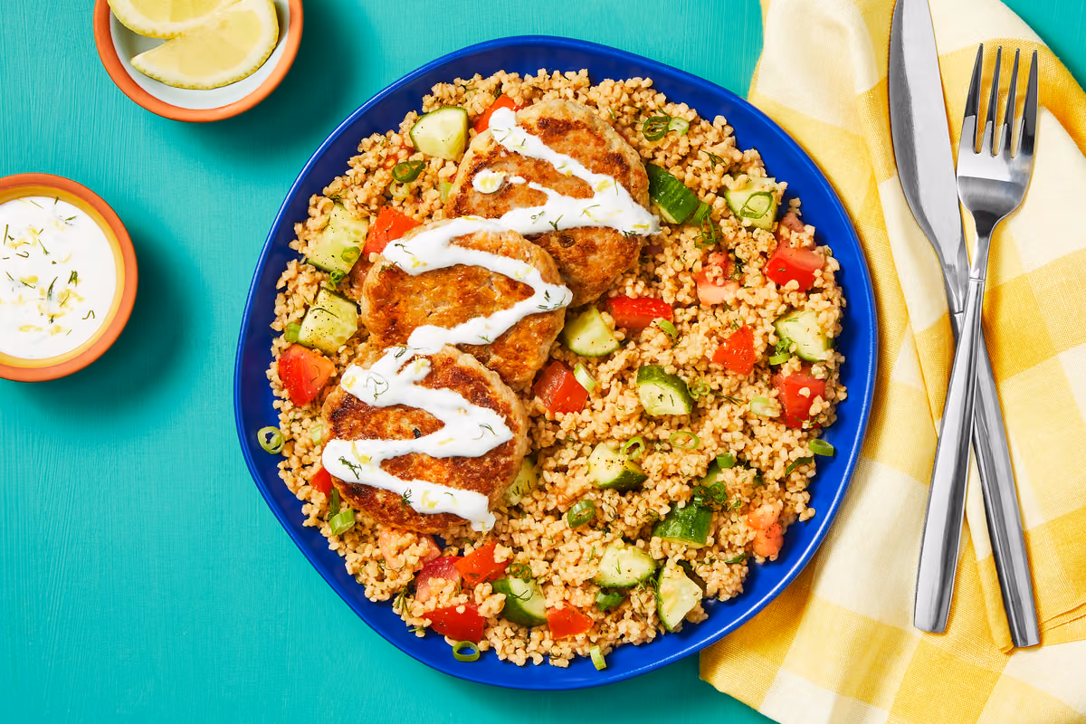 Turkey Feta Patties with Bulgur Greek Salad & Creamy Lemon Dill Sauce
