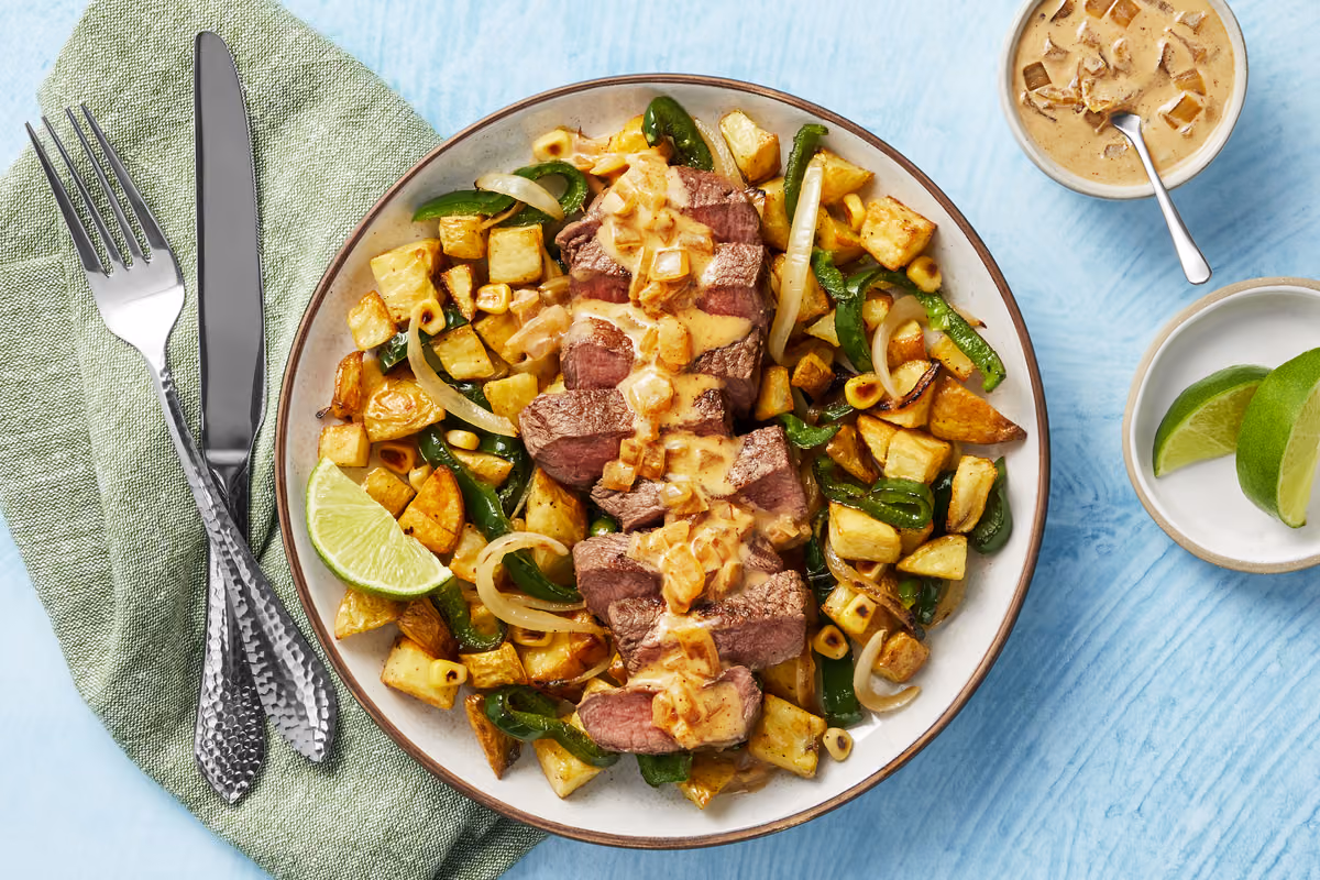 Chipotle Steak with Poblano, Corn, and Crispy Potato Hash